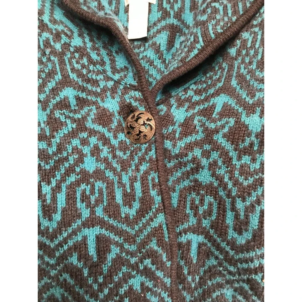Chico's Wool Angora Blend Cardigan Plus Size 1 Turquoise & Black One Button Cozy